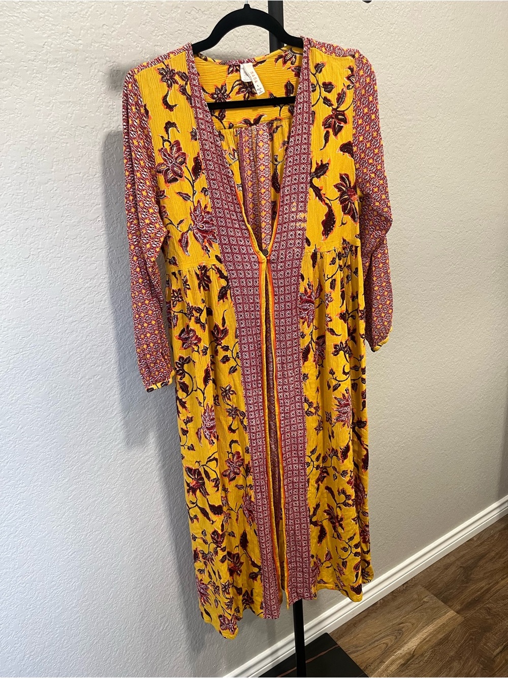 Raga Mustard Yellow Floral Boho Duster Kimono Size Large